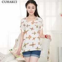 

CUHAKCI Summer Women Sunflower Bird Chiffon Print Blouse Shirt Cross Love Stripe Plaid Blouse Blue Lipstick Short Sleeve Blouses