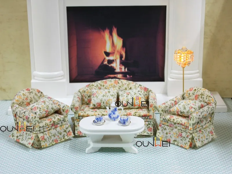 Floral Pattern Dollhouse Living Miniature Furniture Chair And Sofa 1/12