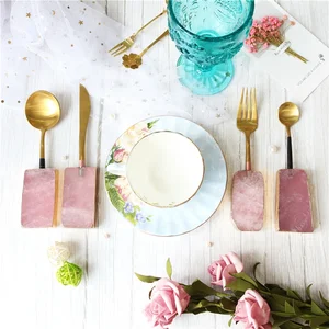 Image of Natural Pink Quartz handle golden Stainless Steel western food tableware sets fork knife spoon cutlery set