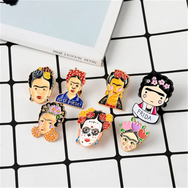 

Popular Mexican famous female painter Frida Kahlo enamel brooch pin denim collar badge, Picture