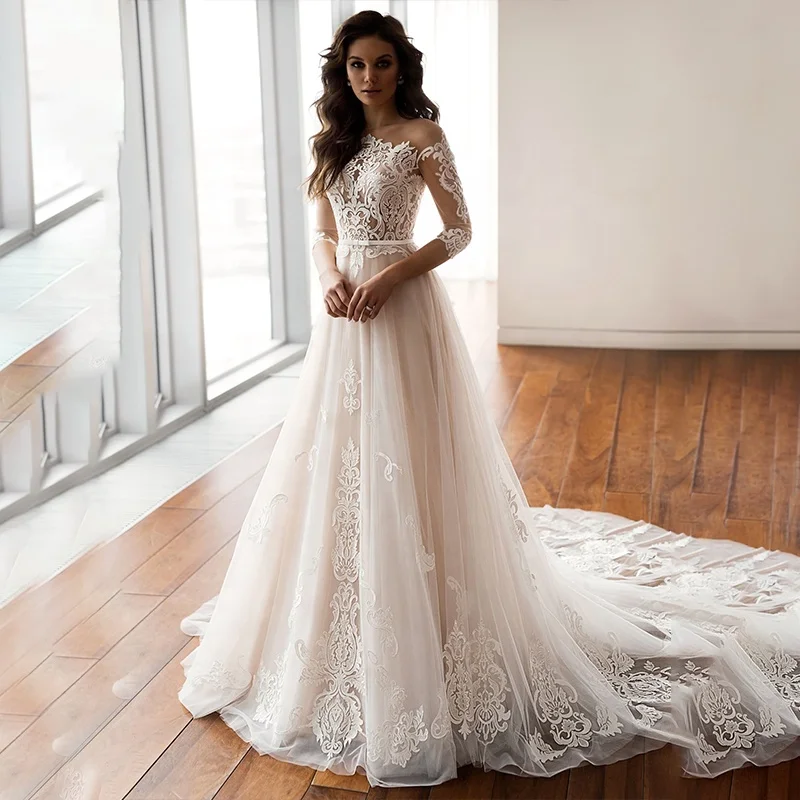 

2020 Illusion Long Sleeve Lace Applique A Line Wedding Dress Hot, White
