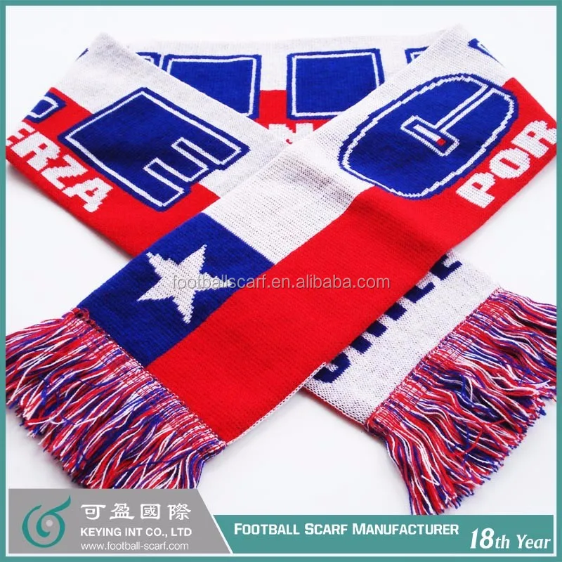 

Free Shipping No MOQ Chile National Flag Design Fashionable Winter Acrylic Wool Knitting Football Scarf Good Price