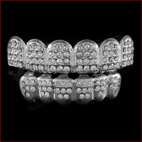 

Blues RTS Silver ICED OUT crystal diamond Teeth grillz Top Bottom a set, Silver, gold, hematite, rose gold and so on.