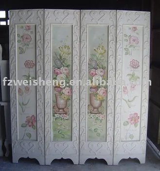 Wooden 4 Panel Folding Screen Room Divider With Hand Painted Flowers Wooden 4 Panel Folding Screen Room Divider With Hand Painted Flowers