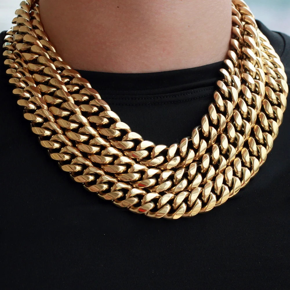 New Heavy Dubai 14k Real Gold Plated Stainless Steel Cuban Link Chain ...