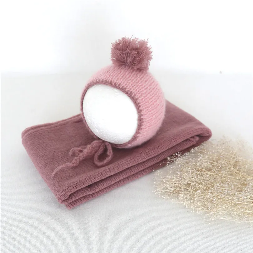

Long Knit Newborn Wrap and Hat Photography Prop Baby boy bonnet Knitted Mohair wrap Swaddle blanket sack