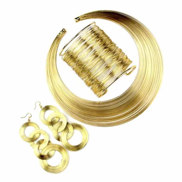 

Fashion Multilayer Metal Wire Choker Necklace Bangle Earrings African Jewelry Sets Dubai Women Trendy Indian Jewelry Sets, Gold ,silver