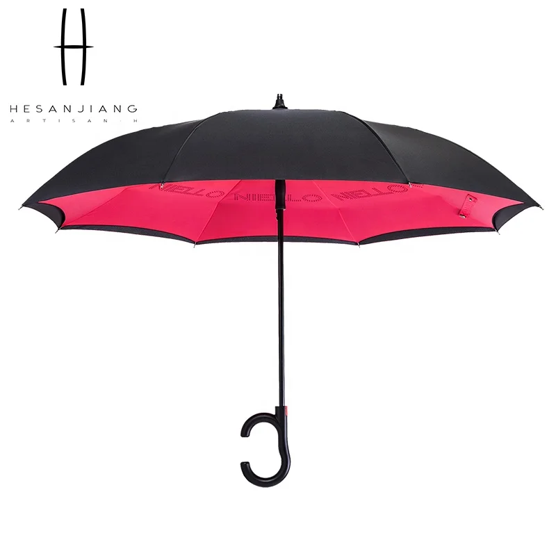 Basic type windproof automatic reverse umbrella with C handle double layer fabric