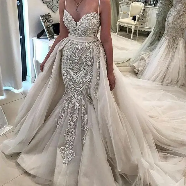 

Modest Mermaid Wedding Dress Bridal Gown Lace Pattern Sequin Bride Dresses With Detachable Overskirt, As image or custom made wedding dress