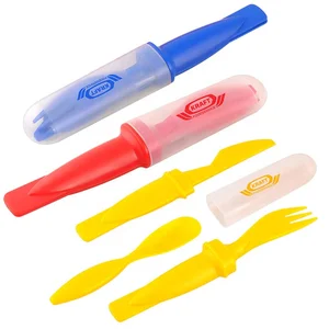 Creative new gift personal multi use camping cutlery kit fork knife spoon case travel portable plastic flatware set with sleeve