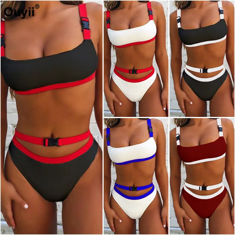 

2019 Sexy Bikini Solid Color Buckle Split Swimsuit Sling Bikini Women's High Waist Swimwear Beach Vacation Bikini Set