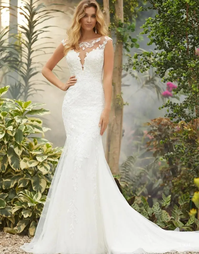 

White Elegant Illusion Back Lace Applique Mermaid Wedding Dress Wedding Gown, As customer's require