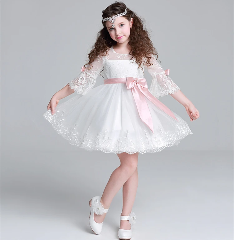 

White lace sleeves kids wedding dresses