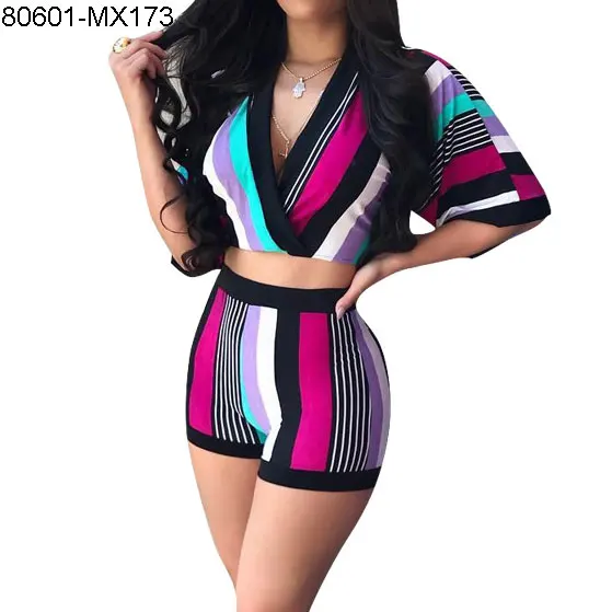 

80601-MX173 Wholesale African 4 colors print two piece stripe crop-top jumpsuit women