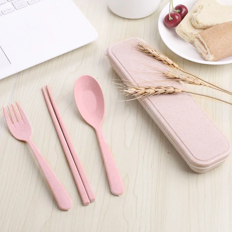 

Newly Wheat Straw Portable Reusable 3 Pcs Dinnerware Sets Travel Wheat Straw Tableware Cutlery, As picture
