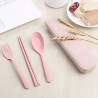 

Newly Wheat Straw Portable Reusable 3 Pcs Dinnerware Sets Travel Wheat Straw Tableware Cutlery