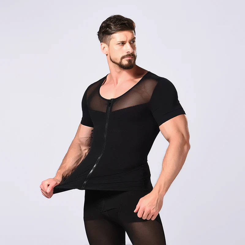 
men zipper stretch mesh body shaping short sleeve shirt man shapewear body slimming man shapers 