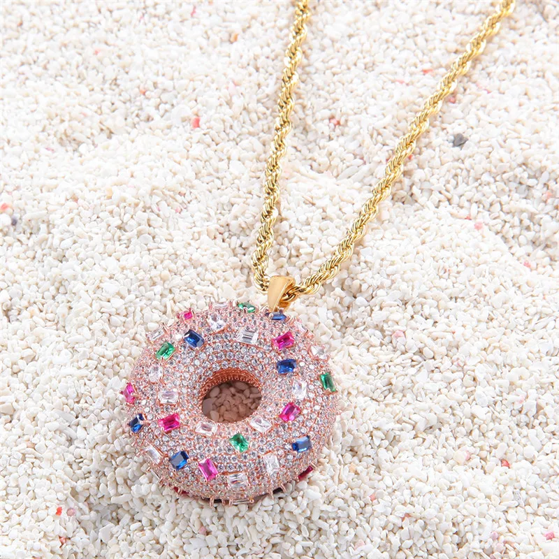 

New Arrived HipHop Iced Out Rose Gold Plated Micro Paved Cubic Zircon Doughnut Pendant Necklace