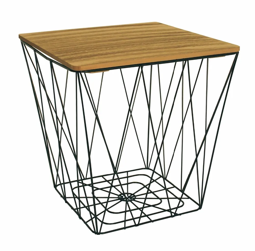 Customized Home Furniture Metal Tall Wire Basket With Wooden Top Side