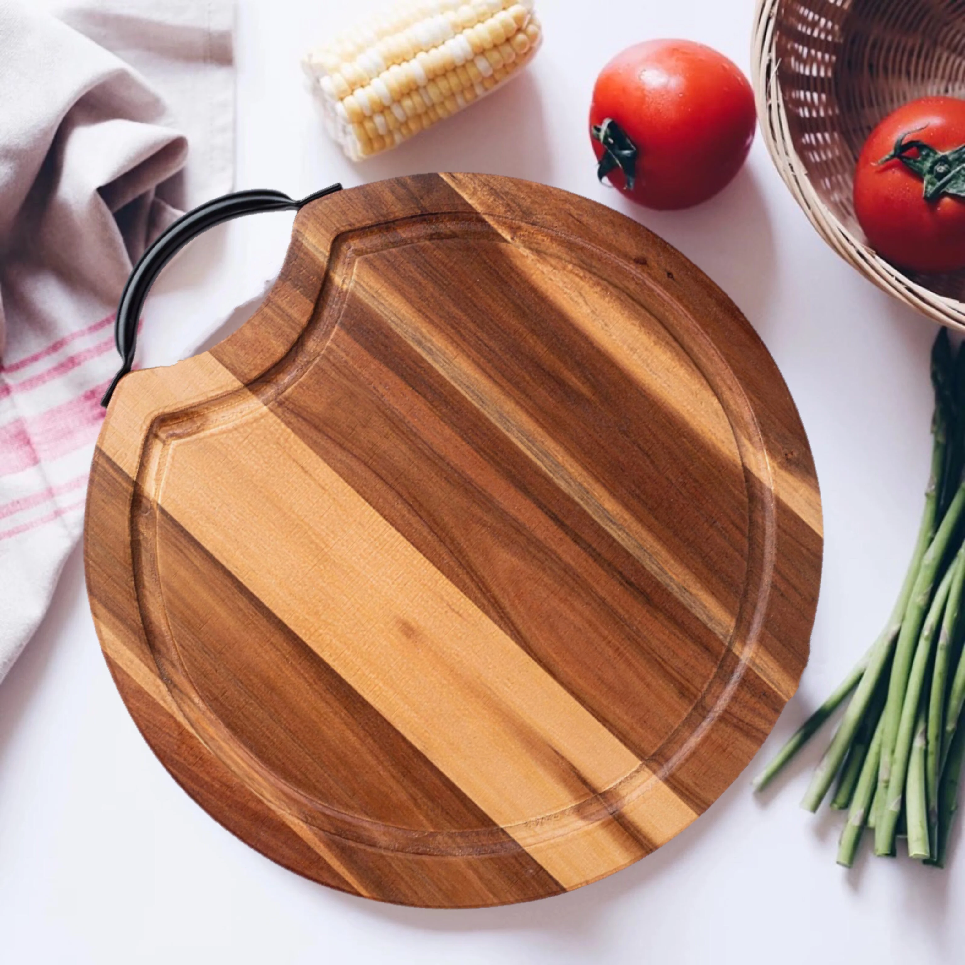 Wholesale Natural Acacia Round Wood Cutting Board With Metal Handle