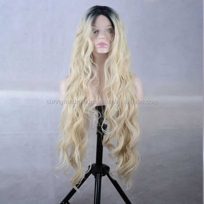 

Heat Resistant Fiber Hair Dark Roots Two Tone Blonde Ombre long wavy Synthetic Lace Front Wig for black Women front lace wig, N/a