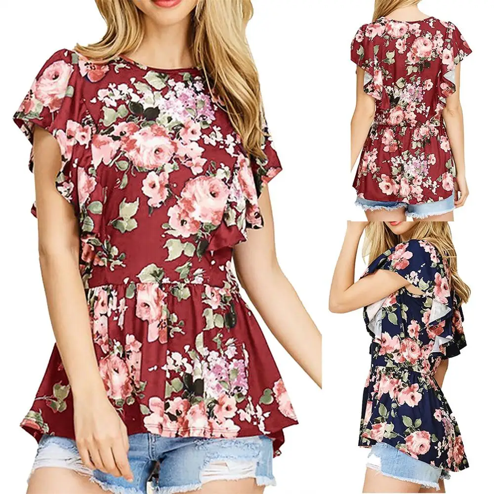 

2018 New Designs Printed Blouse Women o neck t shirts, Red;blue