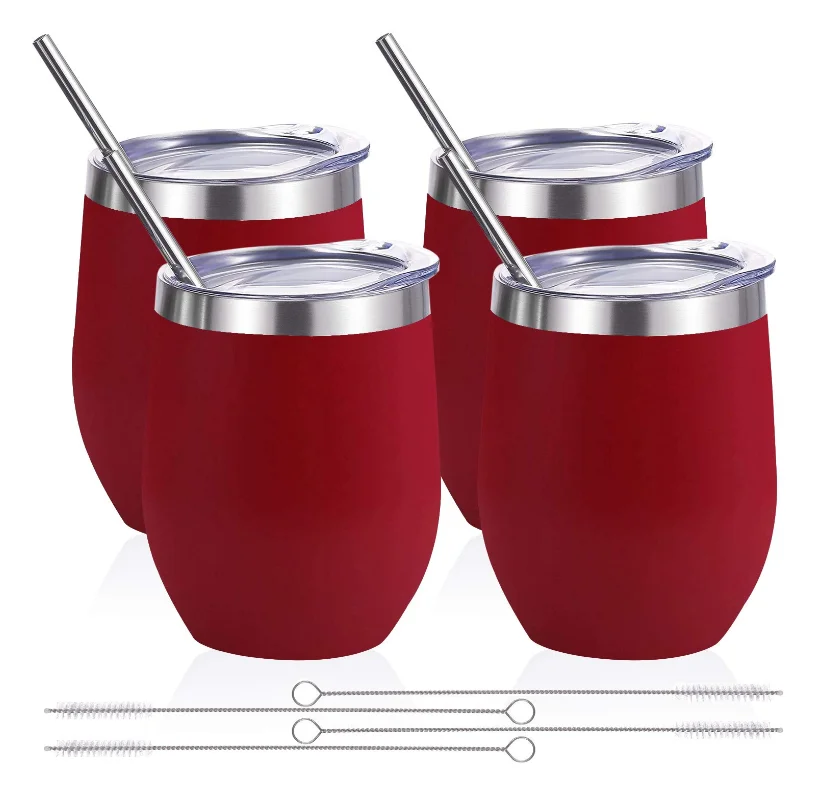 

12 oz Stainless Steel Stemless Wine Glass Tumbler Double Wall Vacuum Insulated Wine Red Wine Tumbler with Lids and straw, Customized colors acceptable