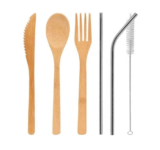 

Straight hard wooden cutlery 3 piece set with bag