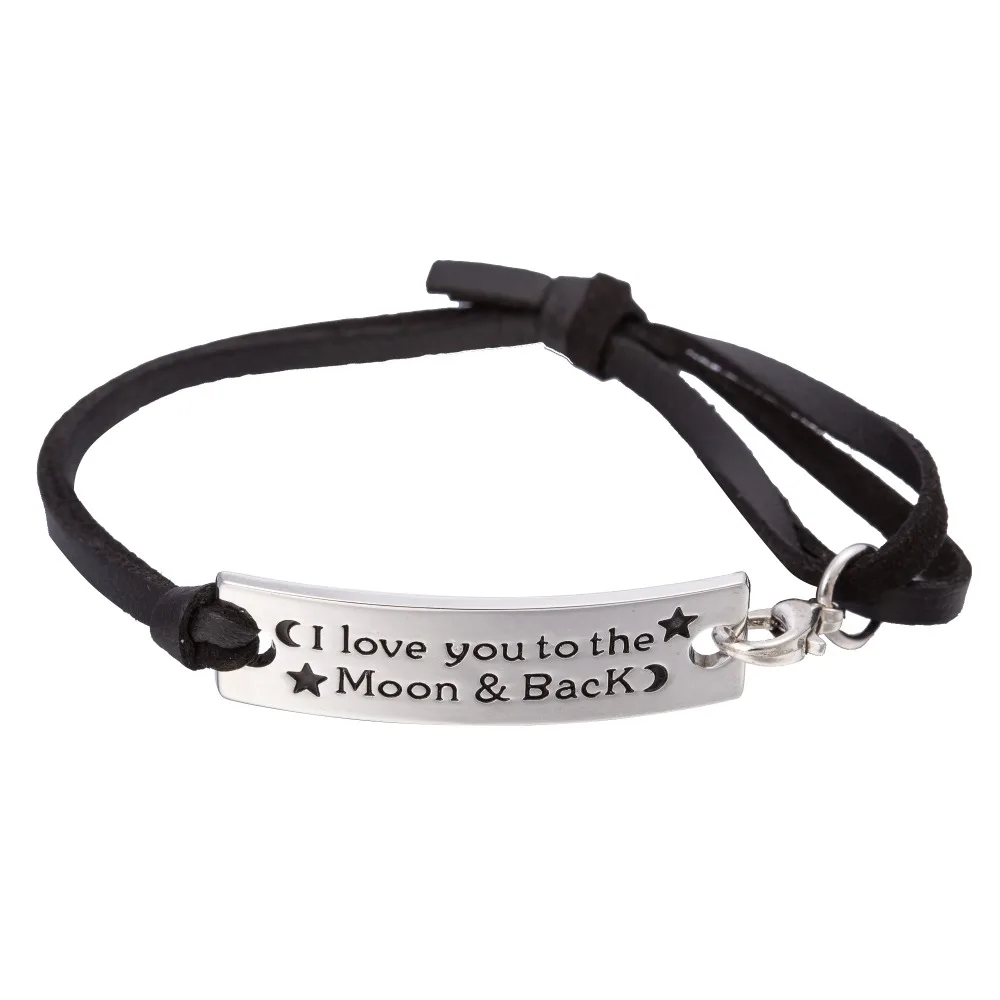 

I love you to the moon and back" custom engraved metal bracelet handmade leather bracelet for lovers, Black/khaki/brown