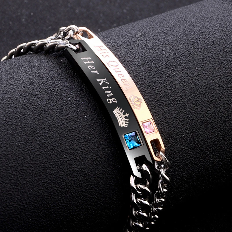 

His Queen Her King His Beauty Her Beast Crown Couple Bracelet Crystal Crown Charm Bangle Bracelet (KB8143), As picture