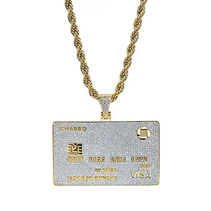 

14K Gold Plated Iced Out Credit V Card Pendant Necklace Chain for Men Charm Gifts Hop Jewelry