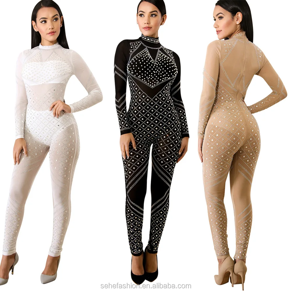 

1215-MX20 Hot selling Sexy hot fix rhinestone long jumpsuits for club women 3 colors wholesale