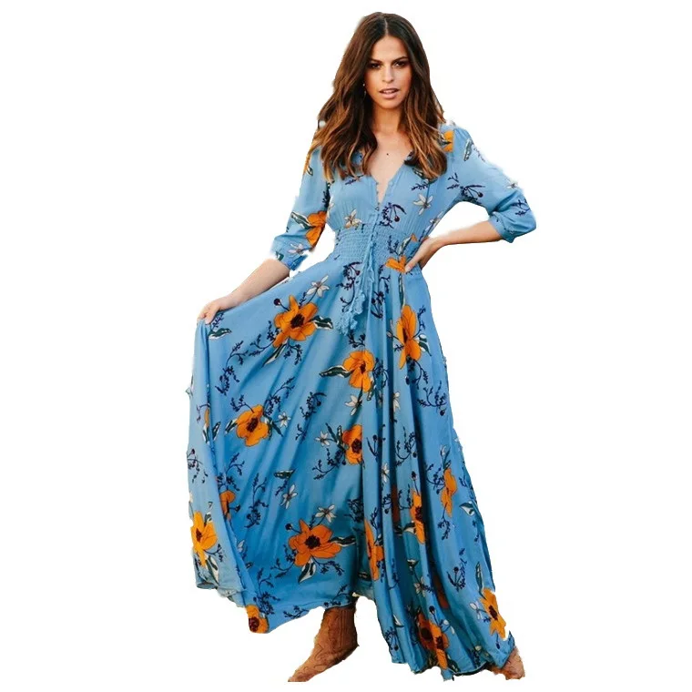 

Bohemian printed V-neck button large swing dresses women long dress