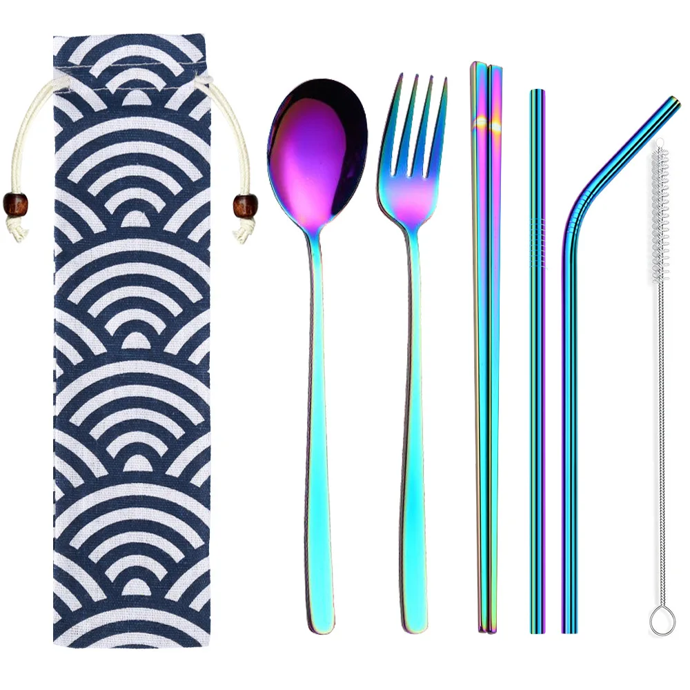 

304 Stainless Steel Korean Cutlery Set Wholesale Spoons Forks Chopsticks Reusable Straws With Velvet Bag, Black,rainbow,gold,rose gold,silver