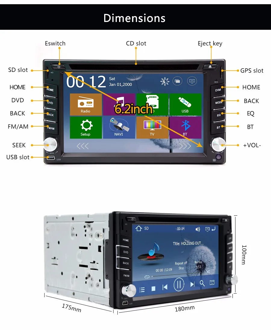 Rungrace 7.0 pouces Windows CE 6.0 TFT écran lecteur DVD de voiture intégré  au tableau de