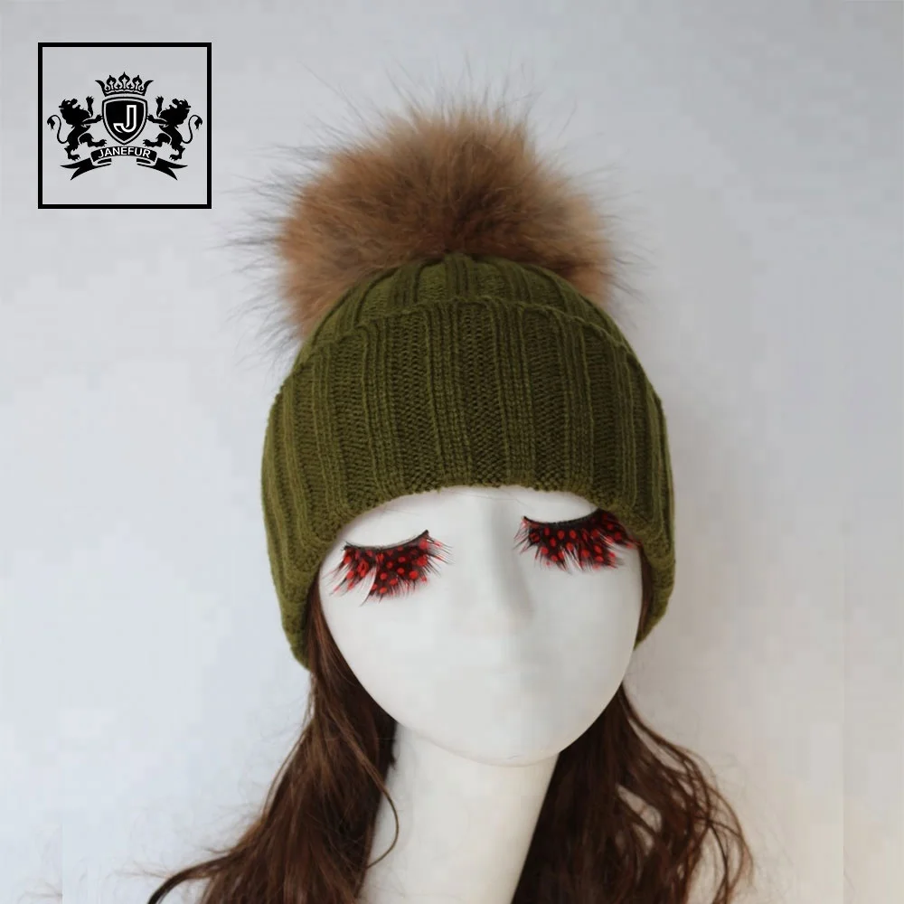 

Hot sale acrylic colorful knitted hat real fur big pompon knitting beanie hat for winter, Picture