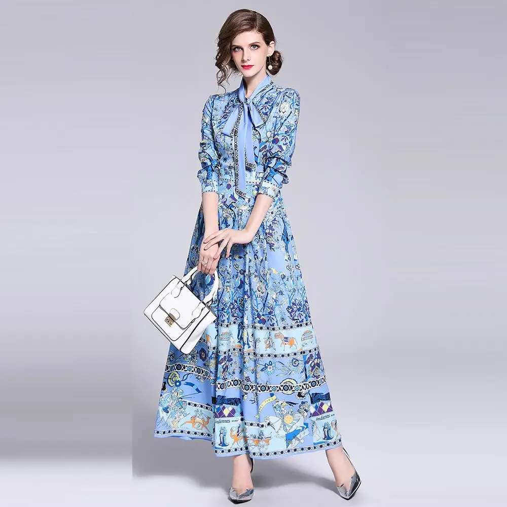 

spring 2019 new arrive ladies blue long print dress