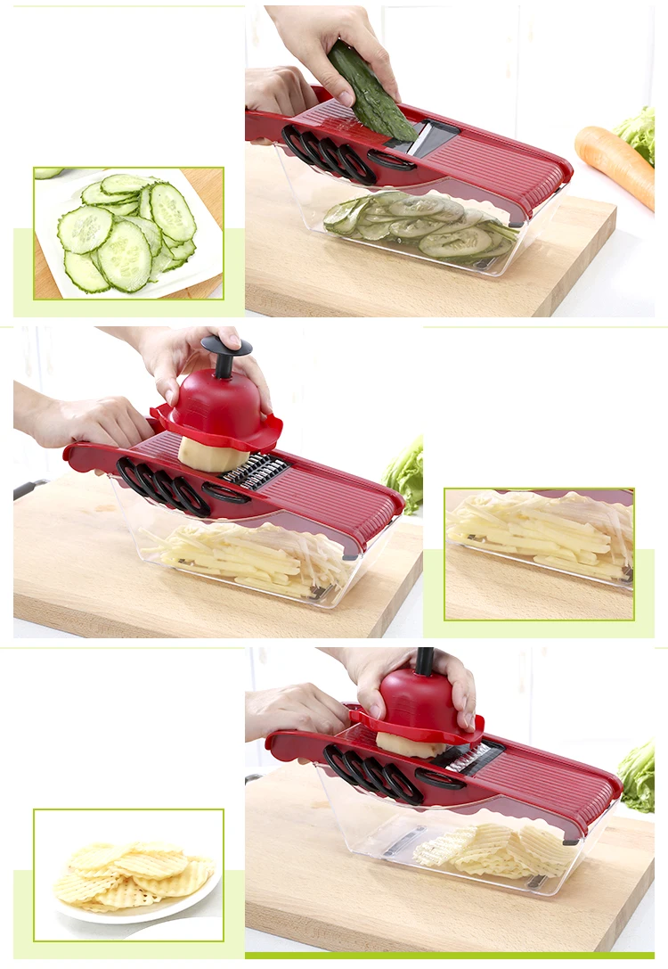 Two Color Optoinal Stainless Steel Vegetable And Fruit Cutter Shredder Julienne 6 Different Shape Blades Mandoline Slicer