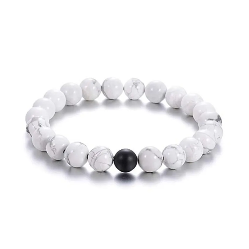 

JEWELRY Couple Distance His and Hers Black Matte Agate White Howlite Natural Beads Stone Bracelet, As the picture