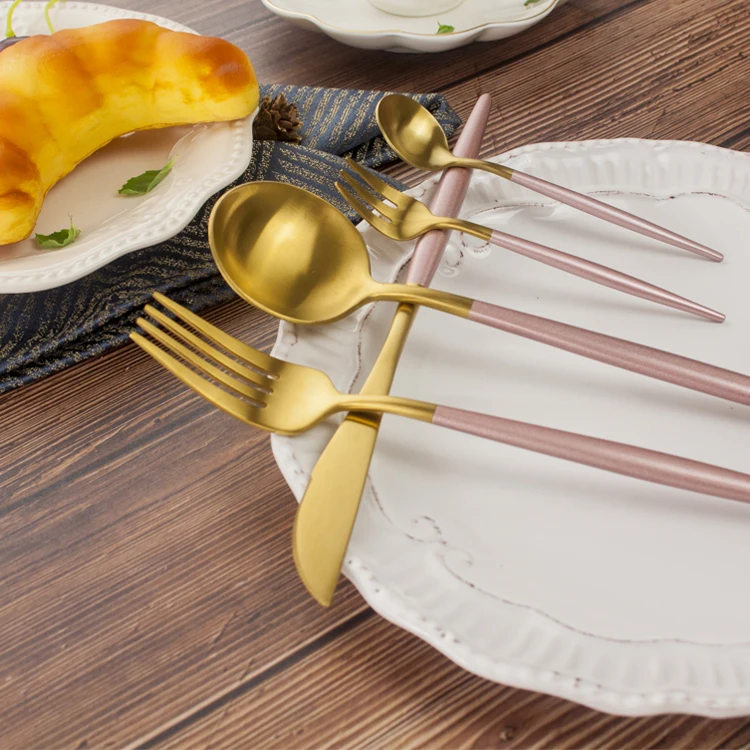 

Wedding Gift Cutlery Stainless Steel Gold Dinnerware, Gold plated+pink handle