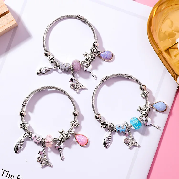 

2020 trendy japanese korean DIY Elephant stainless steel Key feather crystal stone beads charm bracelets for women, Steel color / colored beads