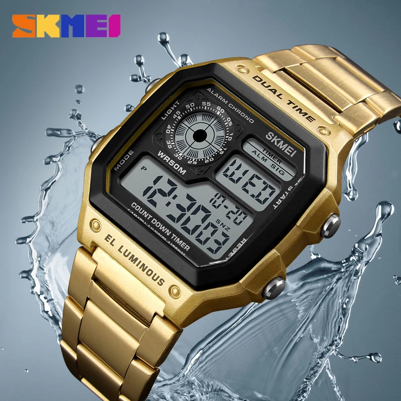 

Best Seller SKMEI 1335 Stainless Steel Band All Gold Square Shaped Fashion LED Electronic Digital Man Watch