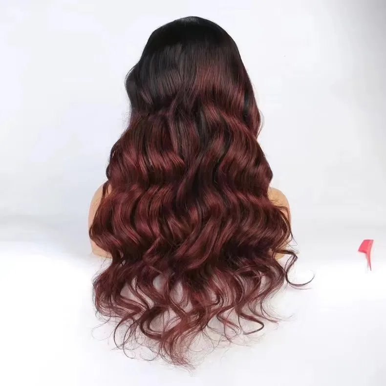 

1B/99J ombre burgundy redwine popular high quality body wave long human hair front lace wig,24inch