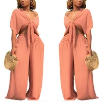 

Plus Size Elegant New Deep V Short Sleeved Blouse Pure Color Two Piece Set Women Clothing