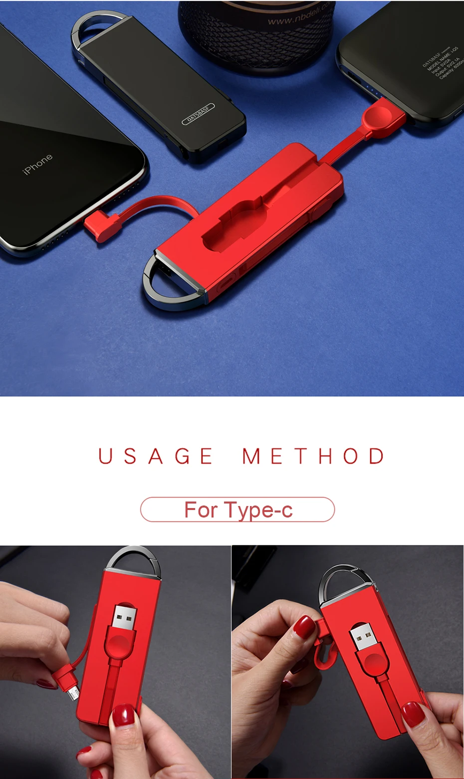 OATSBASF折叠钥匙扣3合1充电Micro USB线适用于iPhone Type c Android