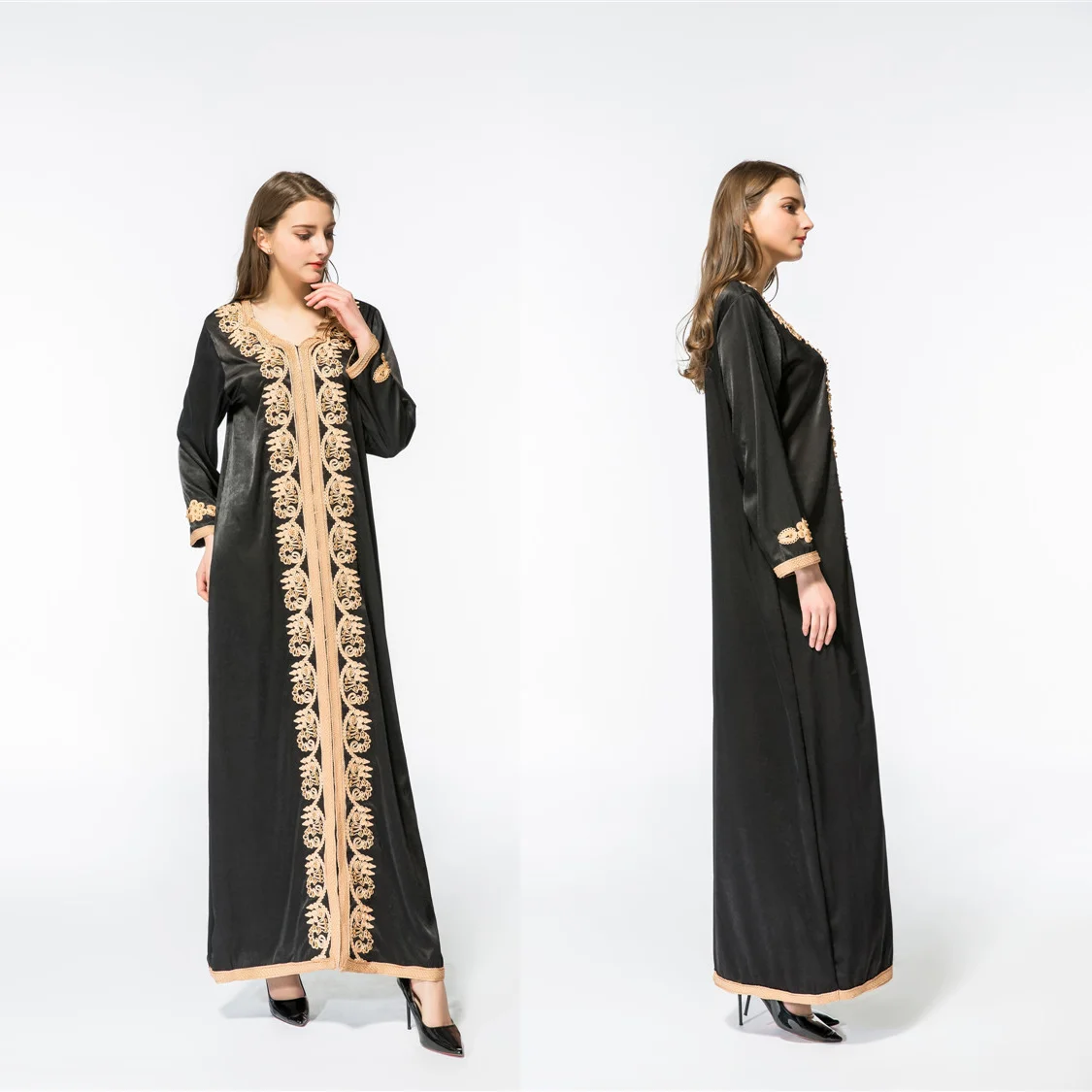 头巾jilbab 摩洛哥埃及棉长袖连衣裙深蓝色黑色刺绣伊斯兰穆斯林长袍