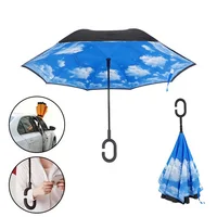 

2019 wholesale inventions double layer upside down windproof C shape reverse umbrella stand with umbrellas with pattern