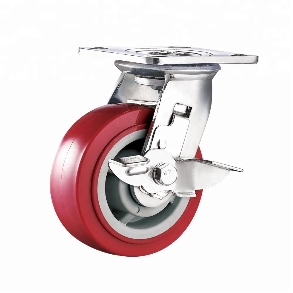 100mm 4 inch China Wheels Big Red Heavy Dtuy Universal brake PU Polyurethane Casters