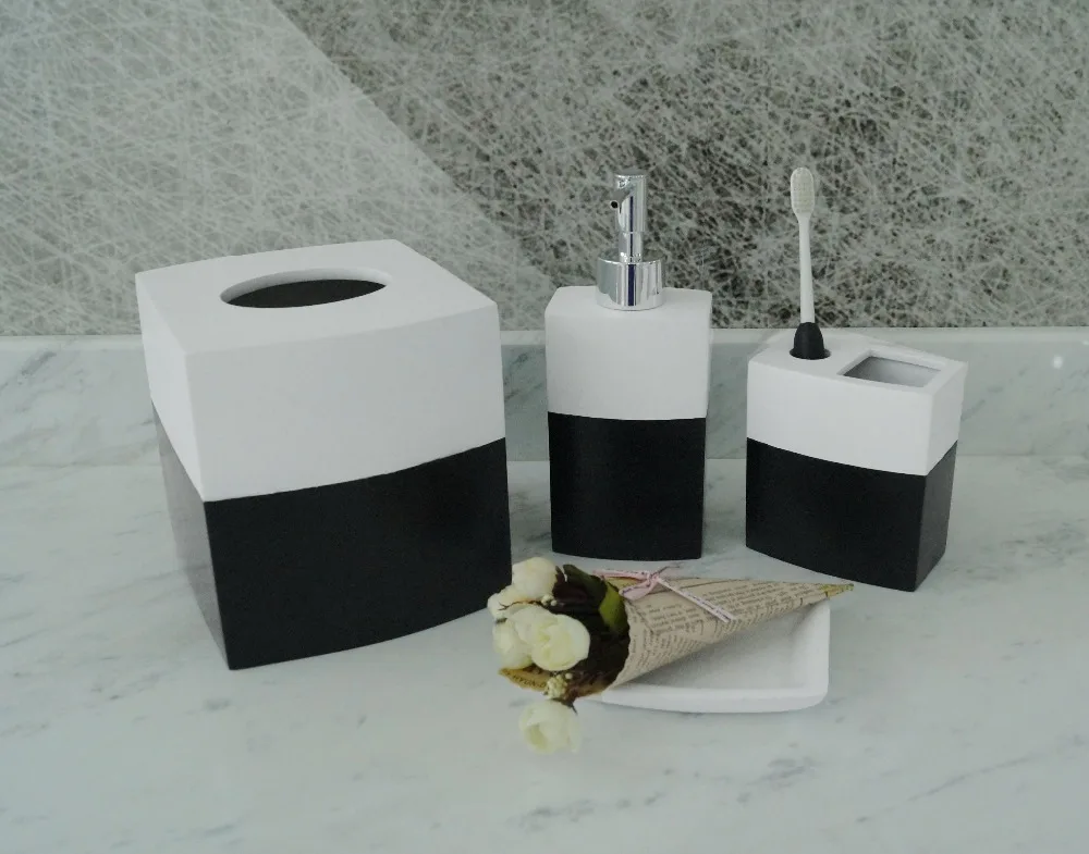 

Souveniers gifts funny white & black 4pcs bathroom hand crafted resin accessory set