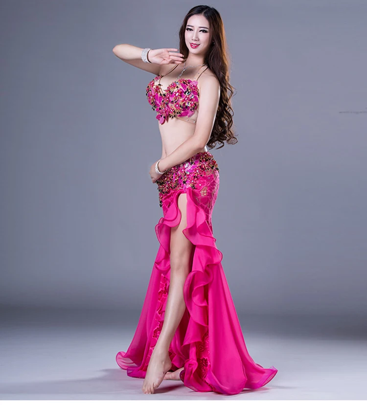 

QC2793 Wuchieal Professional Lace and Mesh Women Indian Belly Dance Costumes, Fuchsia;orange and blue